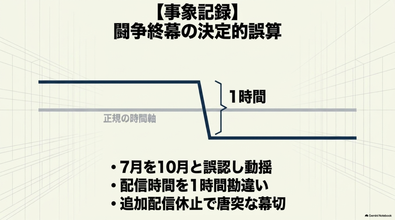 配信時間の誤認により唐突に終了した事象を、正規の時間軸とのズレを示すグラフと箇条書きで解説した記録画像。