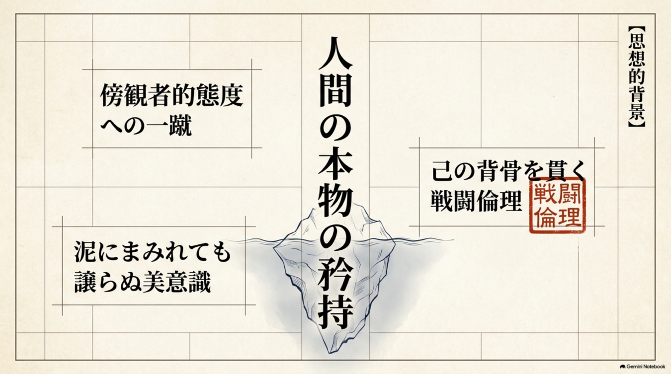 人間の本物の矜持」を中央に、傍観者への一蹴、泥にまみれぬ美意識、己の背骨を貫く戦闘倫理という思想的背景を氷山図で表現した図解。