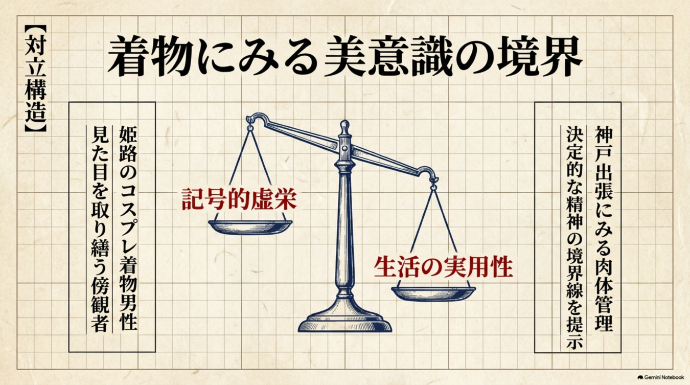 着物における美意識の対立構造として、記号的虚栄と生活の実用性を天秤で比較し、両者の視点を対比させた図解。