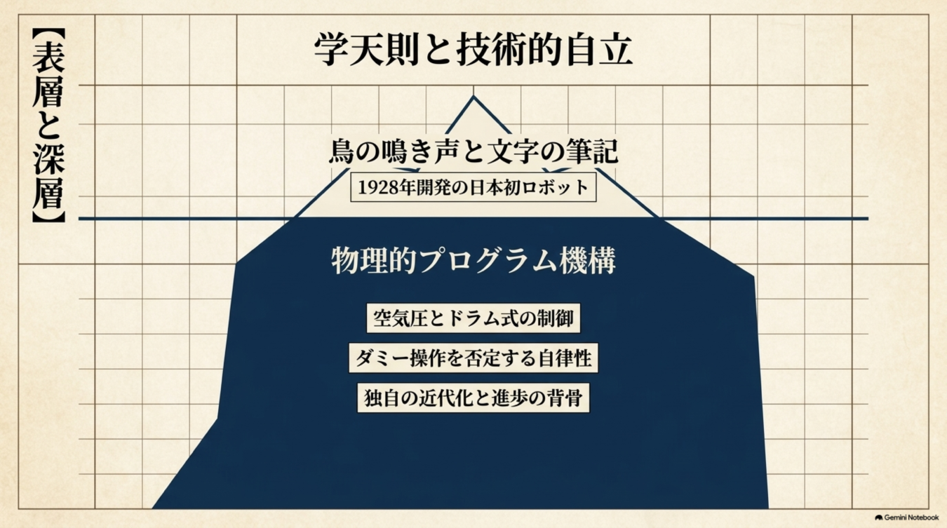 学天則の技術的自立をテーマに、表層の動作と深層の物理的プログラム機構を氷山図で示した解説画像。