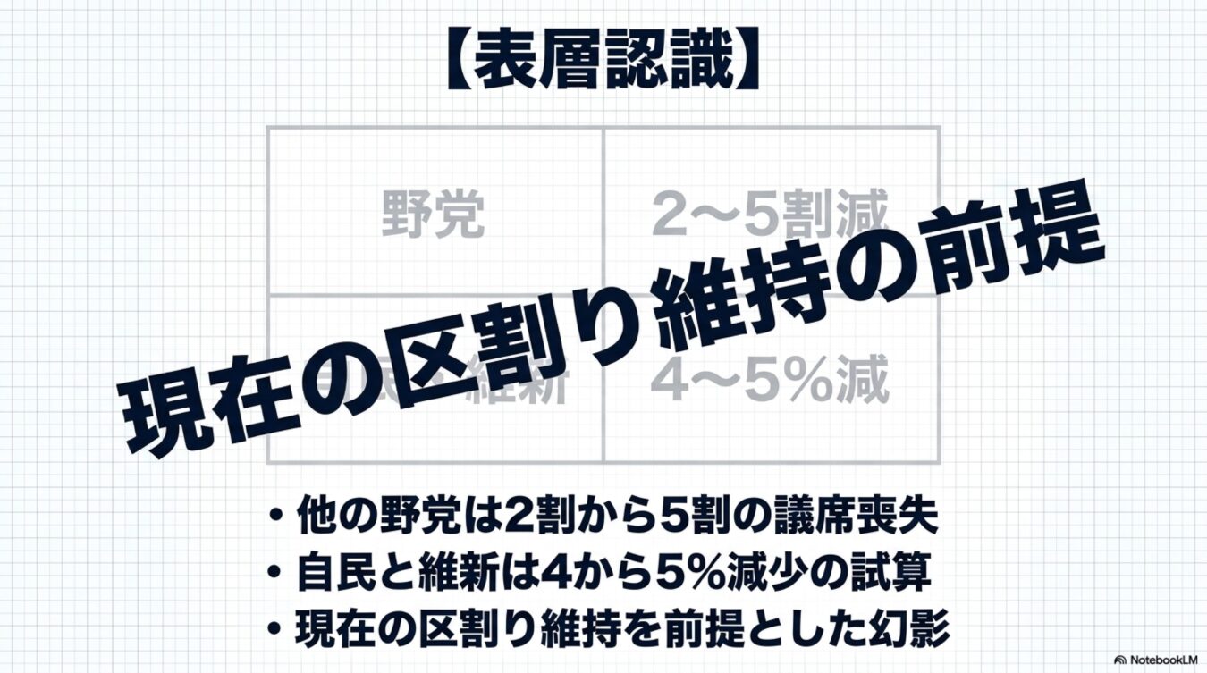現在の区割り維持を前提とした場合、野党は2〜5割、自民と維新は4〜5％の議席が減少するという試算を示した表。