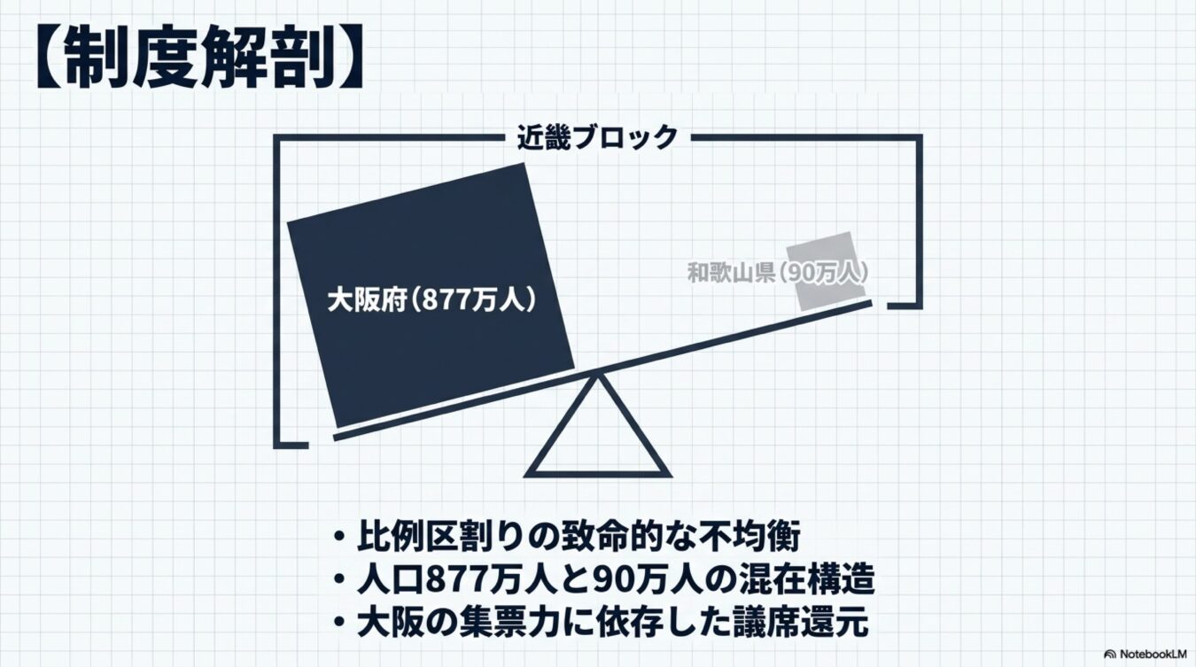 近畿ブロックにおける大阪府と和歌山県の人口格差と、比例代表制の議席配分が抱える不均衡な構造を示した図解。