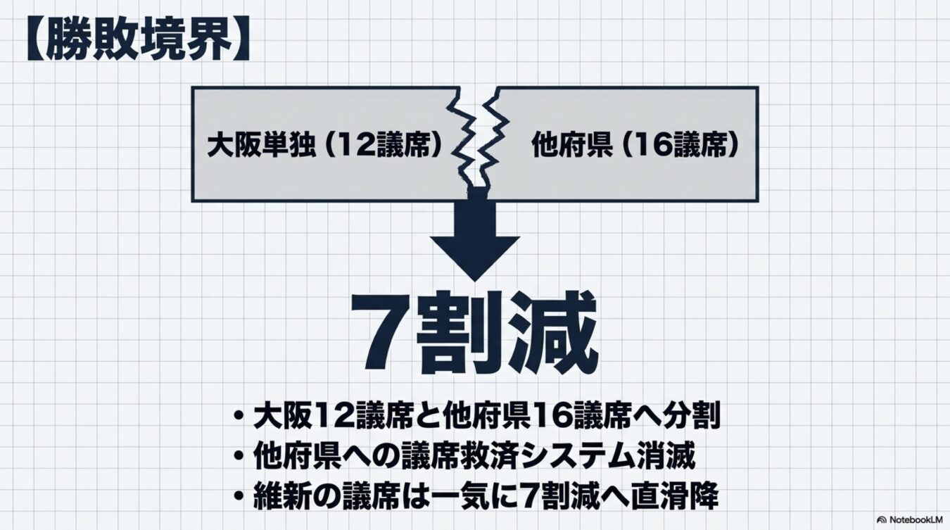 大阪の12議席と他府県の16議席への分割により、維新の議席が7割減少する勝敗境界を示した図解。