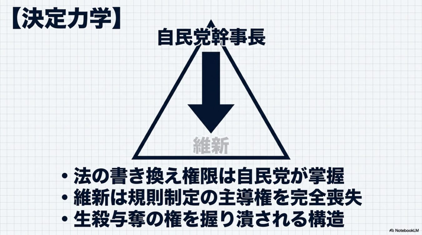 自民党幹事長が維新に対して決定権を持ち、法改正や規則制定の主導権を握り支配する力関係を示した図解。