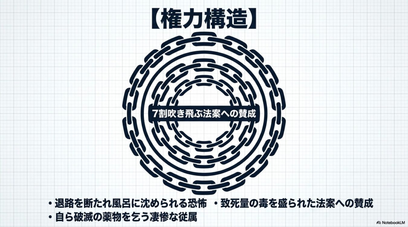 鎖で囲まれた円の中央に「7割吹き飛ぶ法案への賛成」と記され、その下に権力構造による従属と恐怖を描写したテキストが配置された図。