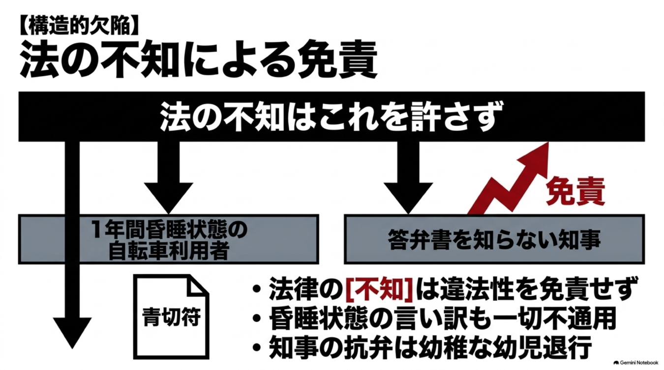 法の不知による免責を批判する図解。自転車利用者の青切符と知事の答弁書を例に、法律の不知が免責されないことを解説している。