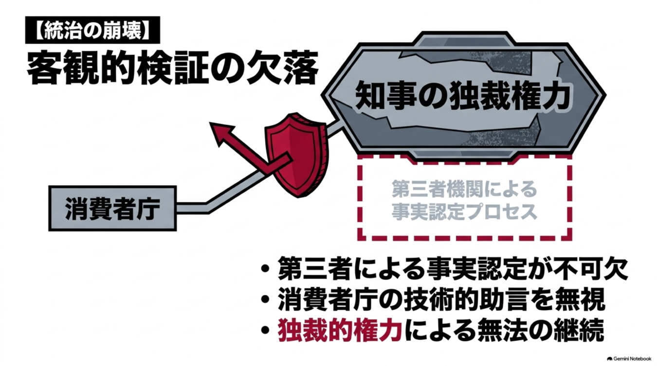 知事の独裁権力と客観的検証の欠落を示し、第三者による事実認定と消費者庁の助言尊重の必要性を訴える図解。