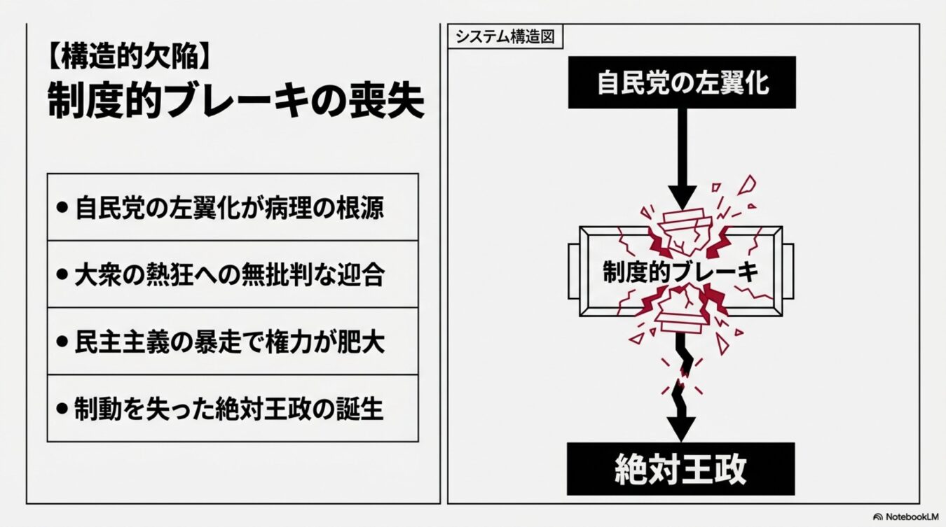 自民党の左翼化により制度的ブレーキが破壊され、権力が肥大化して絶対王政へと至る構造を示した図解。