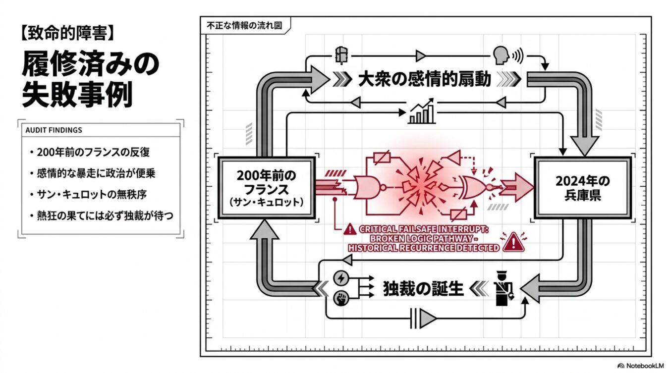 200年前のフランスと2024年の兵庫県を対比し、大衆の扇動から独裁に至る歴史的再帰の危険性を警告するフローチャート図。