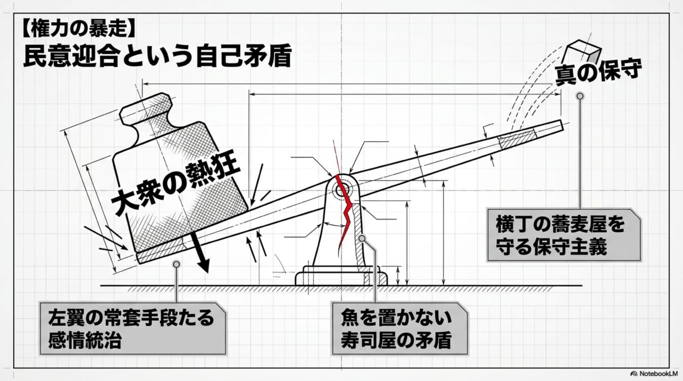大衆の熱狂に傾く天秤の図解。左翼の感情統治と保守主義の矛盾を対比させ、権力の暴走と民意迎合の危うさを表現している。