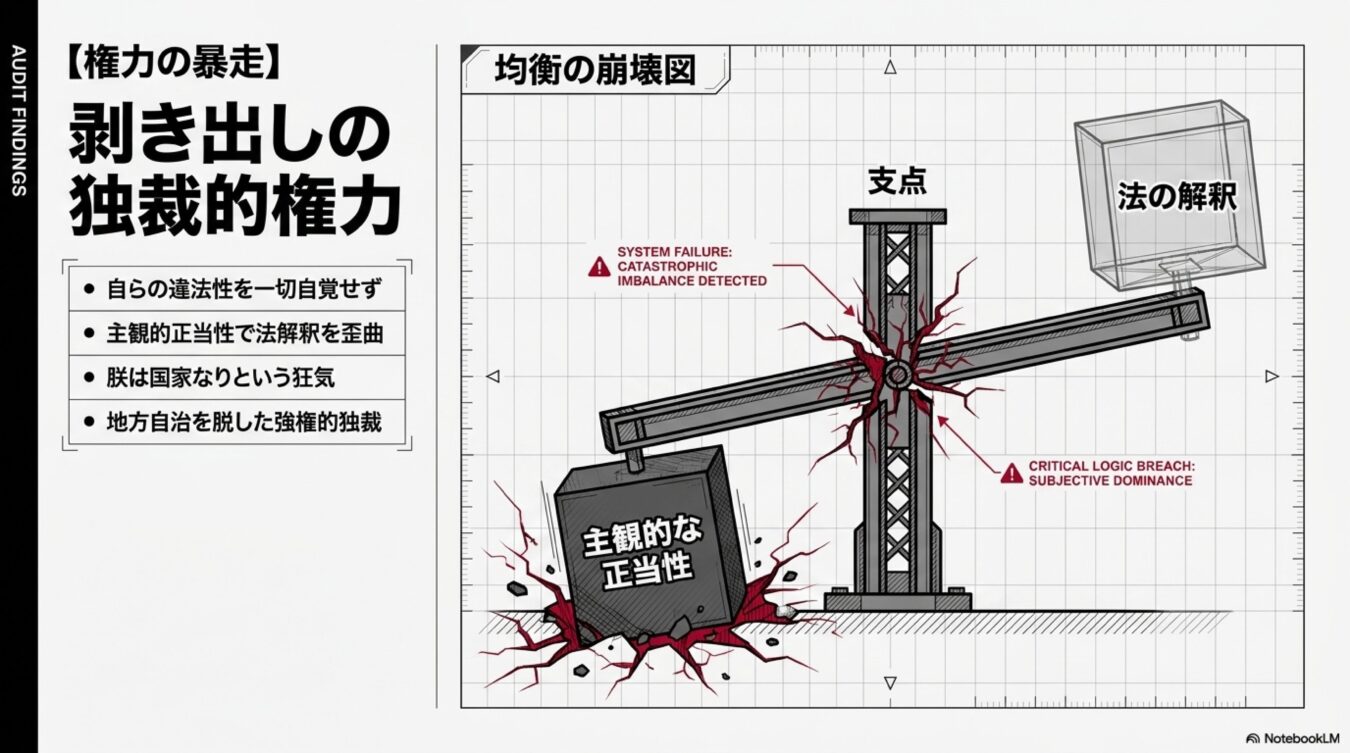 主観的な正当性が重くのしかかり、支点が崩壊して法の解釈が傾く様子を描いた、権力の暴走を批判する概念図。