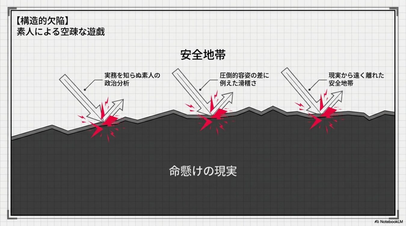 命懸けの現実という地表に対し、安全地帯から素人が空疎な分析や批判を繰り返す様子を描いた概念図。