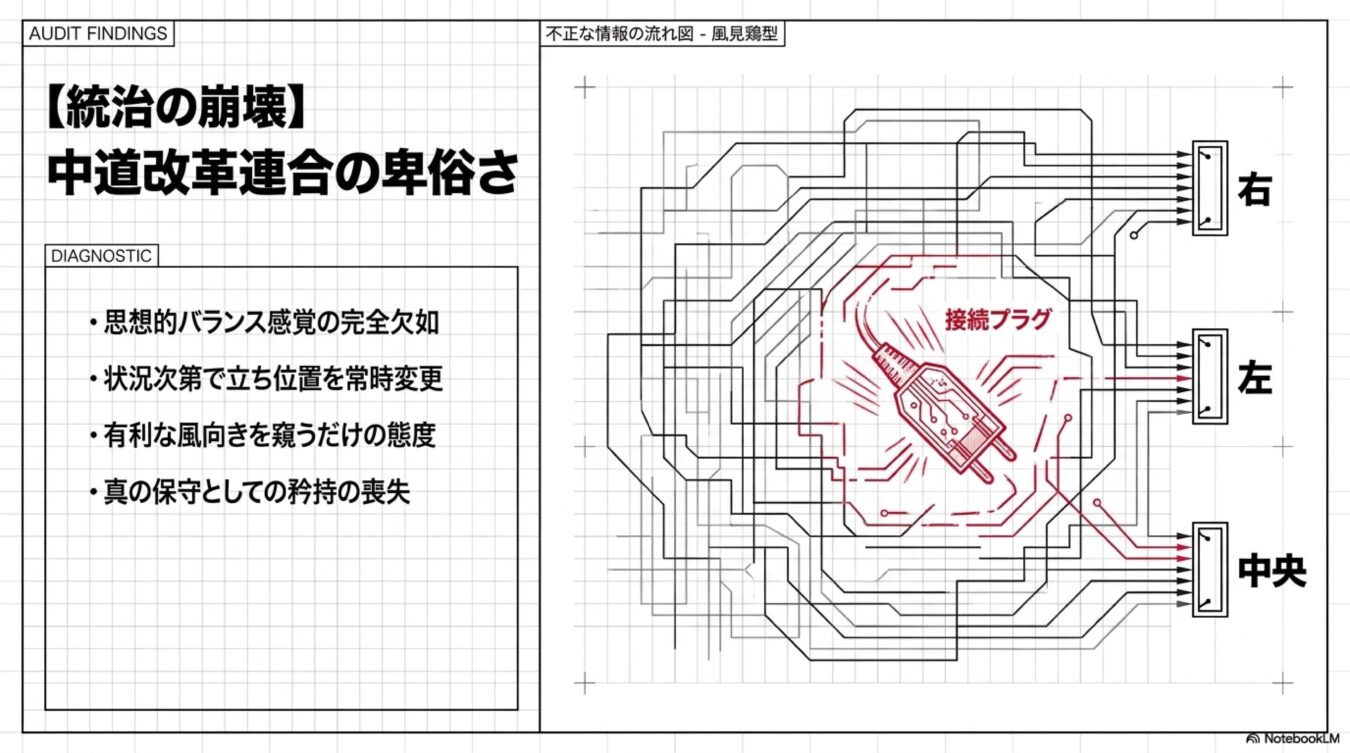 中道改革連合の政治姿勢を批判する図解。複雑な配線図の中心に接続プラグが描かれ、思想的バランスの欠如や日和見主義を指摘する箇条書きが添えられている。
