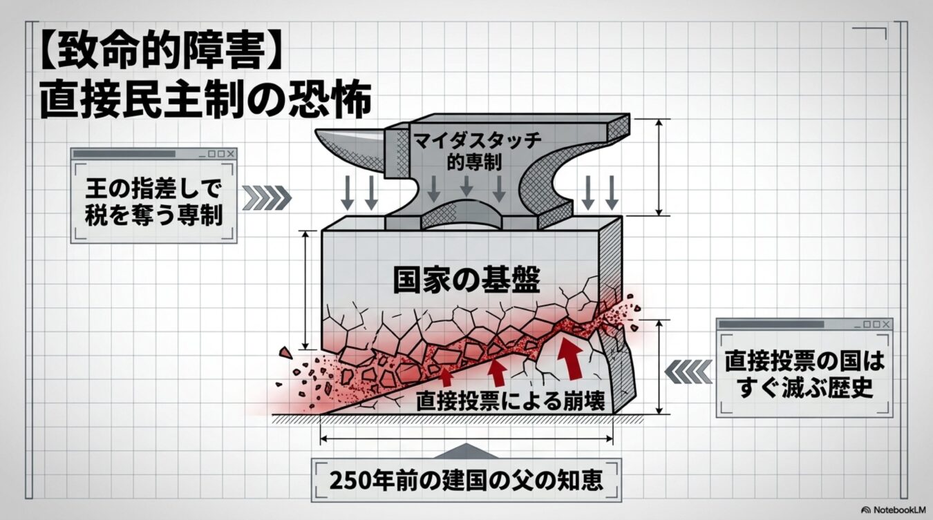 直接民主制の危険性を説く図解。王による専制と直接投票による国家崩壊のメカニズムを、金床と楔の比喩を用いて視覚的に表現している。