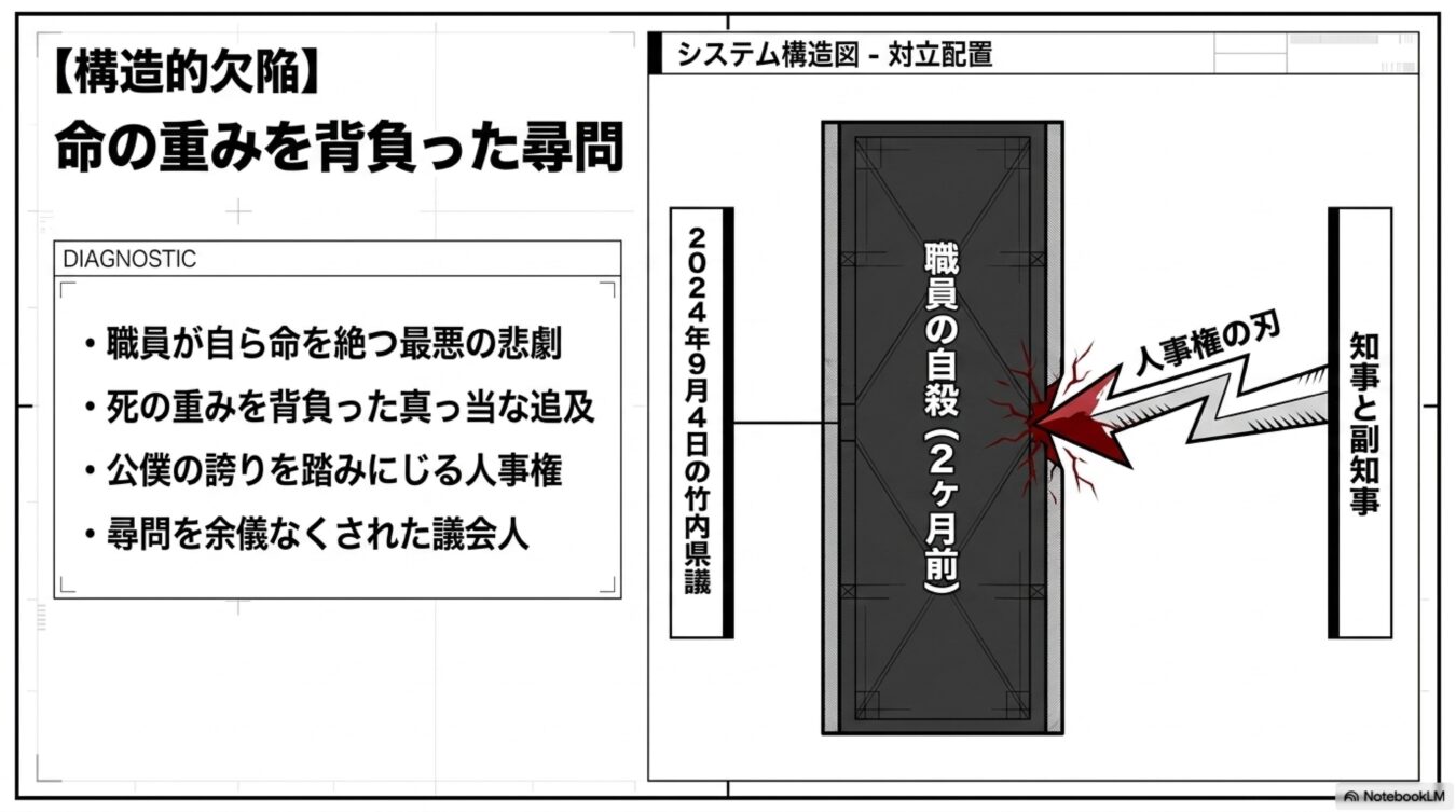 職員の自殺と知事の人事権による対立構造、および2024年9月の県議会での追及を解説する図解。