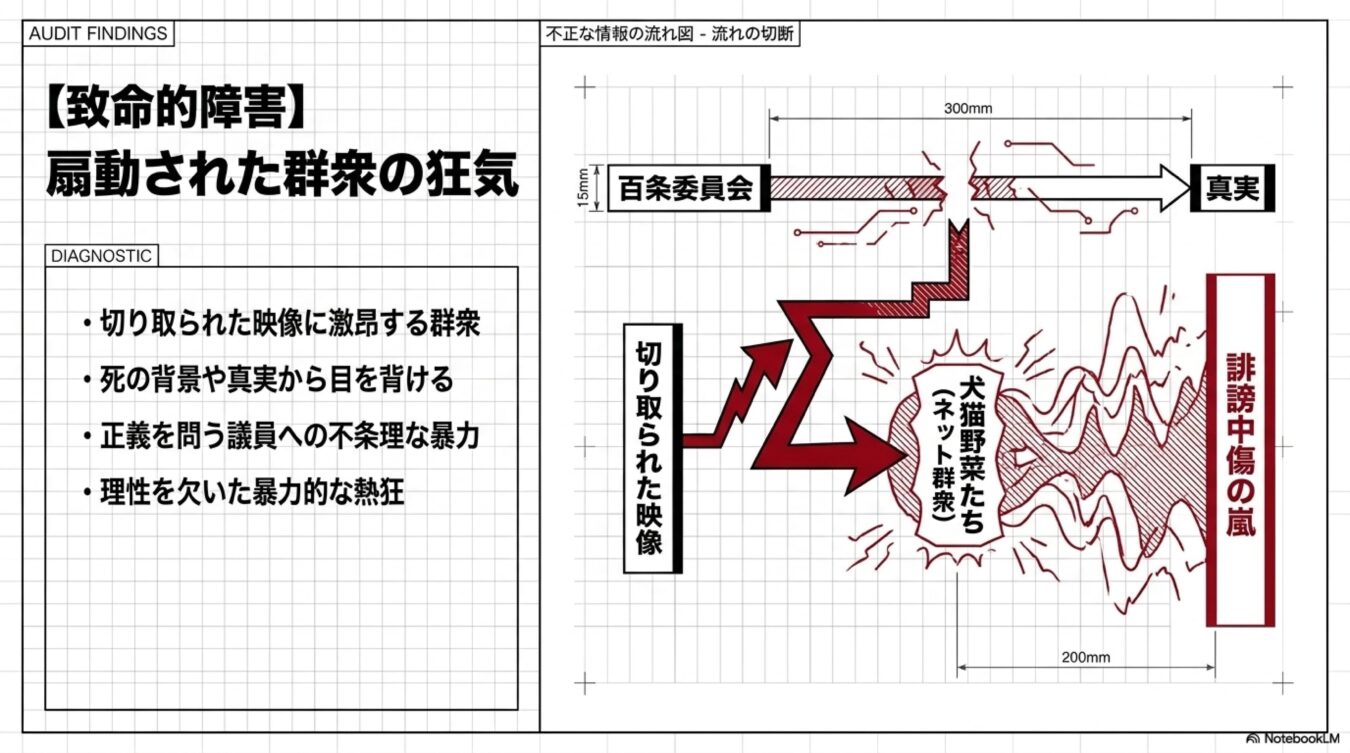 切り取られた映像により扇動された群衆が、百条委員会から真実への流れを遮断し、誹謗中傷の嵐を引き起こす様子を示す図解。