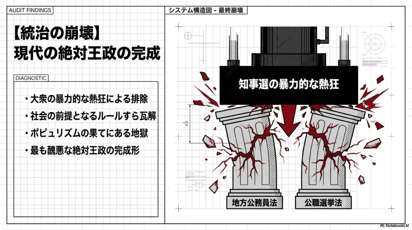知事選の熱狂が地方公務員法と公職選挙法の柱を破壊し、統治が崩壊して絶対王政に至る様子を描いた図解。