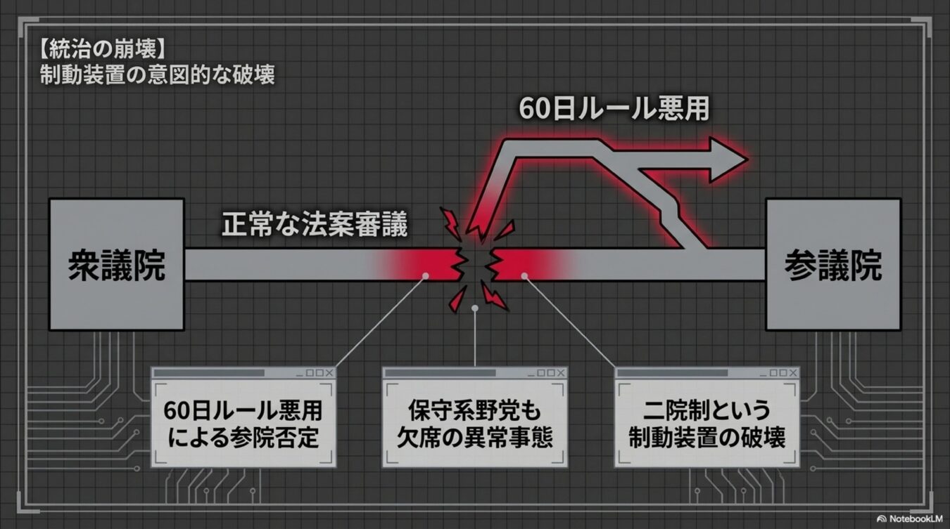 衆議院と参議院の間の正常な審議が60日ルールの悪用により遮断され、二院制という制動装置が破壊されている様子を示す図解。
