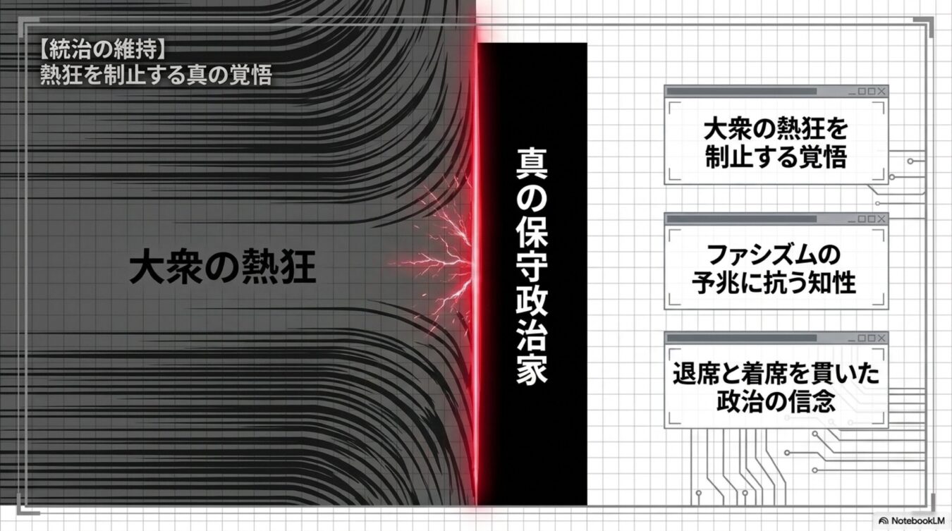 大衆の熱狂を制止する真の保守政治家の覚悟と、そのために必要な三つの資質を図解したインフォグラフィック。