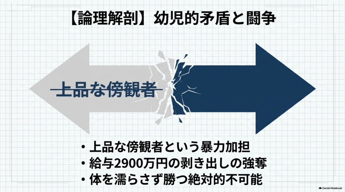 上品な傍観者」という言葉と、暴力加担や強奪、不可能性を指摘する三つの箇条書きが記された、対立構造を示す図解。