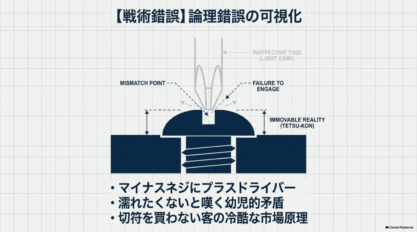 マイナスネジにプラスドライバーを当てて空回りする図解。不適合な手段と現実の乖離を「戦術錯誤」として解説する図。