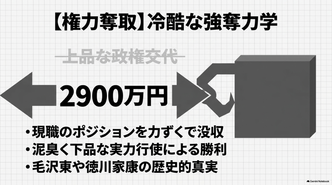 権力奪取の冷酷な強奪力学をテーマに、2900万円の資金と実力行使による政権交代の歴史的現実を解説する図解。