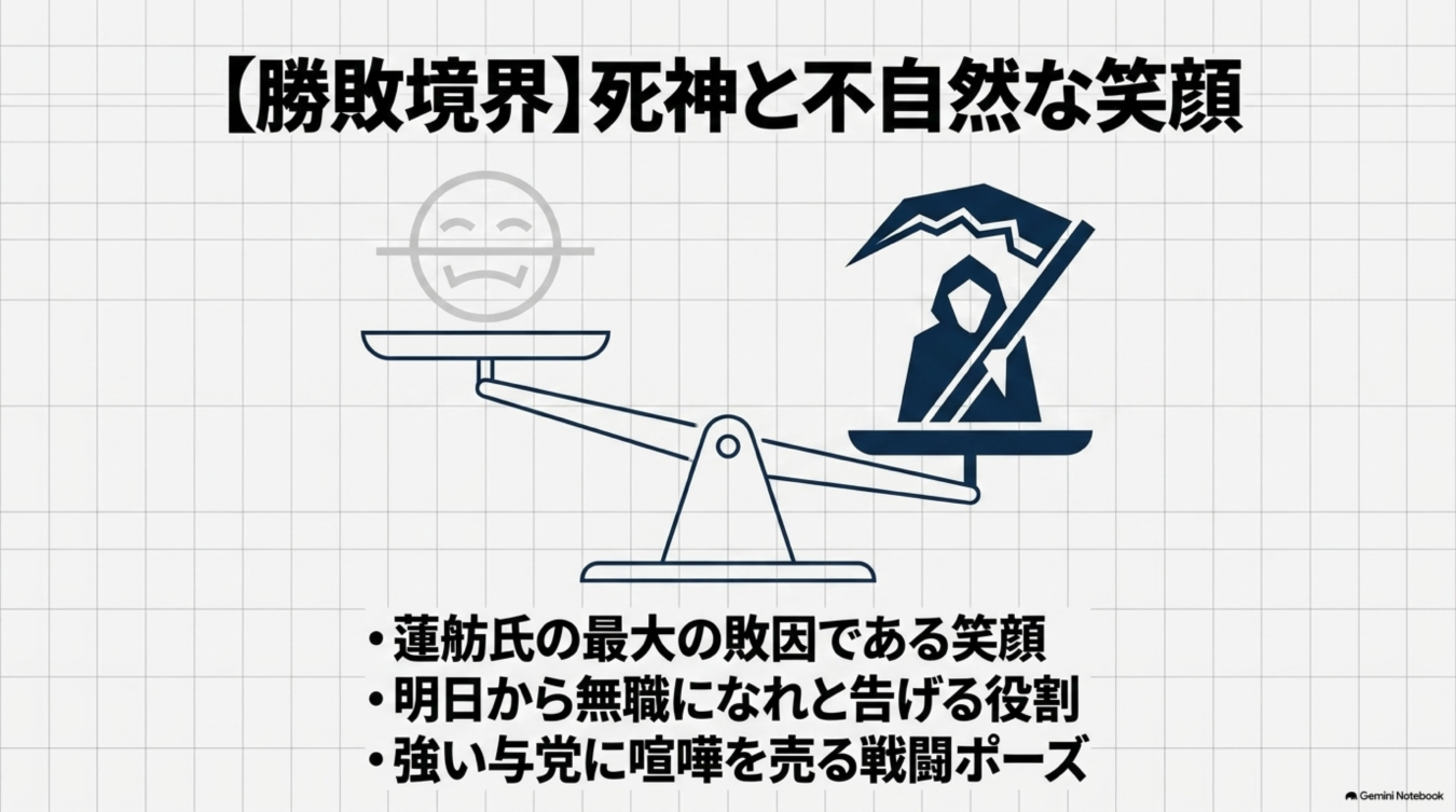 天秤の片側に笑顔のアイコン、もう片側に死神が描かれ、蓮舫氏の敗因や政治的姿勢を分析するテキストが添えられた図解。
