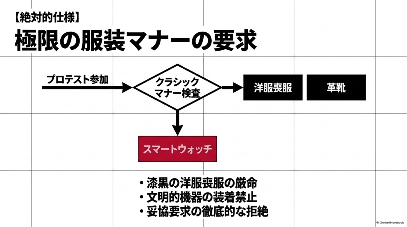 プロテスト参加時の服装マナーを示すフローチャート。洋服喪服と革靴の着用を必須とし、スマートウォッチ等の文明機器を禁止する厳格な規定を解説している。