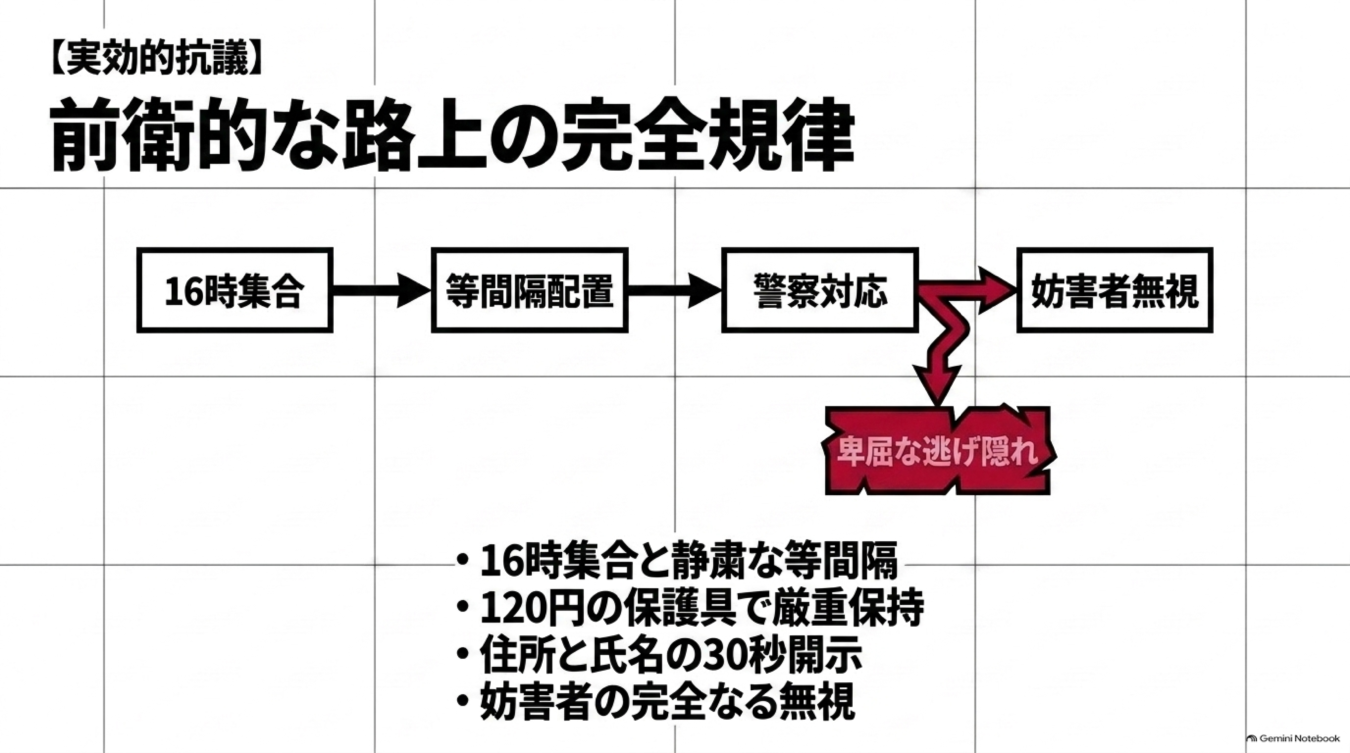 前衛的な路上抗議の規律を示すフローチャート。16時集合から等間隔配置、警察対応、妨害者の無視、逃げ隠れまでの手順と重要事項を記載。