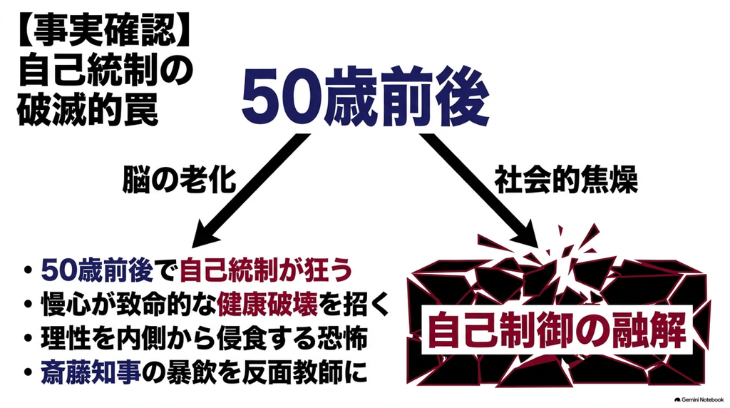 50歳前後で脳の老化や社会的焦燥により自己制御が融解する危険性を解説した図解。