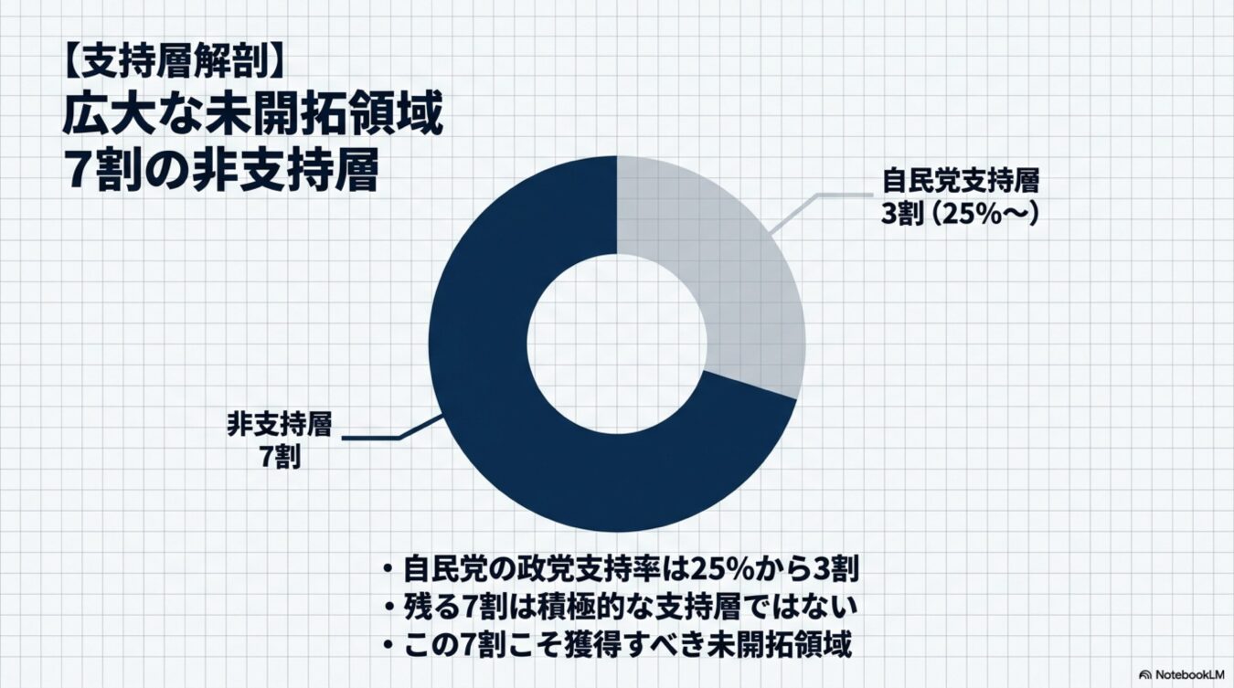 自民党支持層が約3割、非支持層が7割であることを示す円グラフ。残る7割の非支持層を未開拓領域として獲得すべきと解説している。