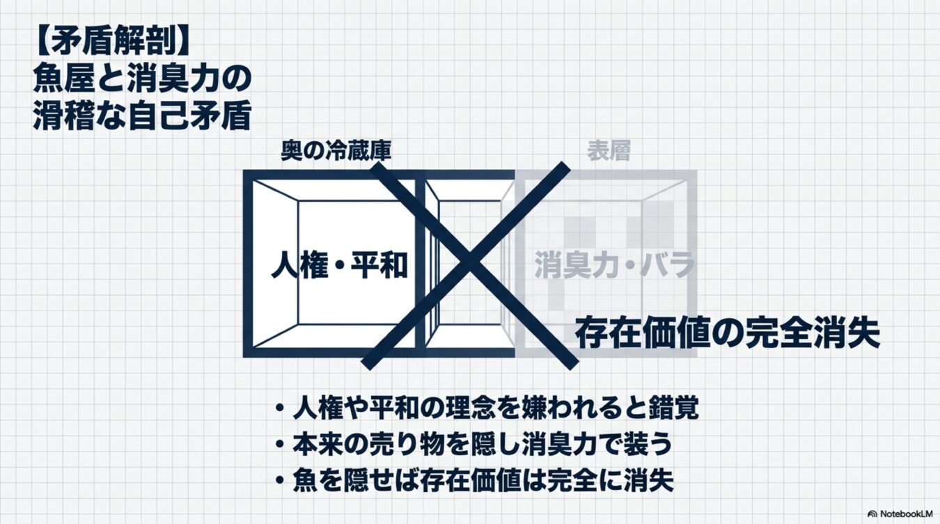 魚屋と消臭力の比喩を用い、本質を隠して表面を繕うことの矛盾と存在価値の消失を解説した図解。