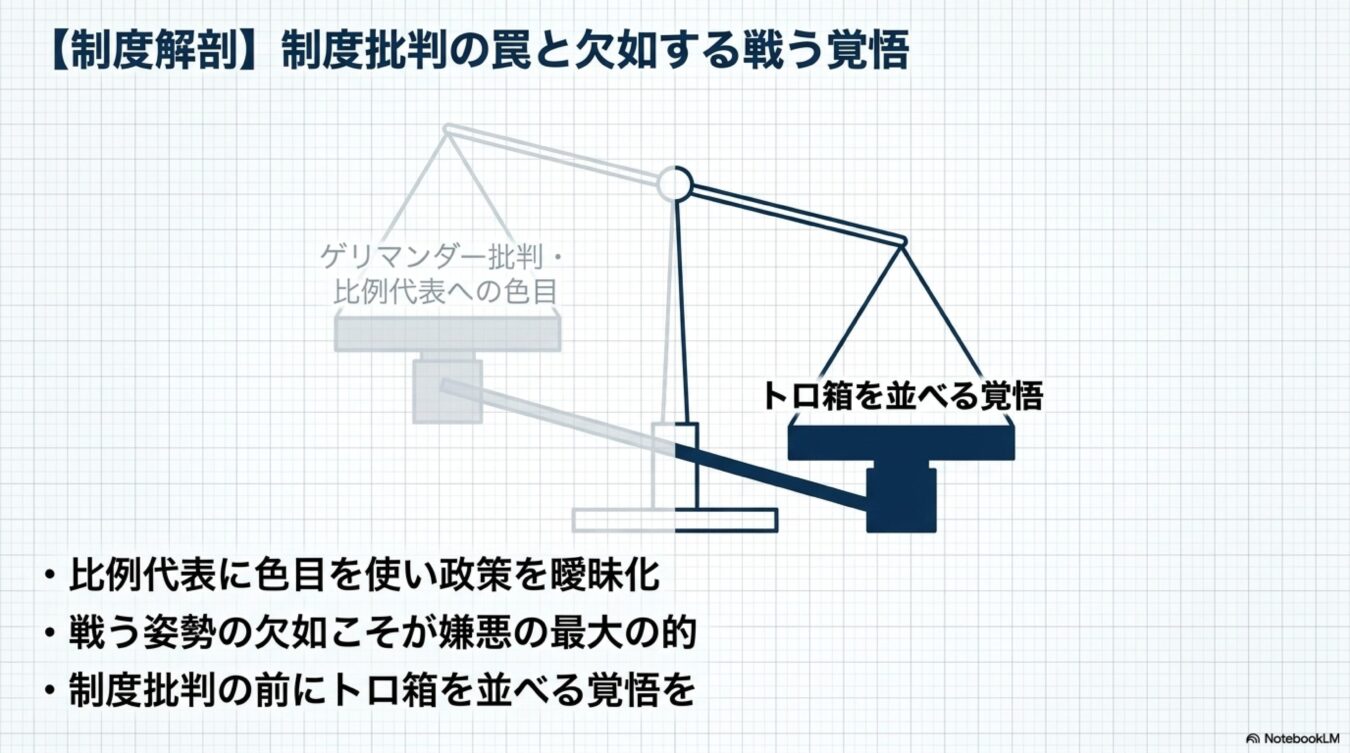 制度批判に逃げず、トロ箱を並べる覚悟を持って戦う姿勢の重要性を説く図解。天秤で制度批判と覚悟を比較し、政策の曖昧さを戒めるメッセージが記されている。
