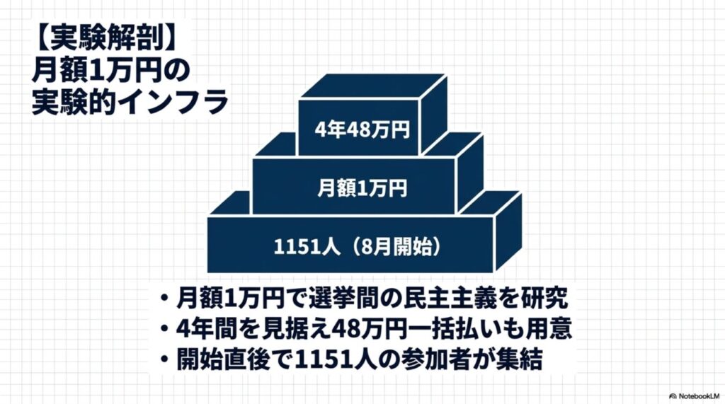 月額1万円で民主主義を研究する実験的インフラの概要図。4年48万円のプランと、8月開始で1151人の参加者が集まった実績を示している。