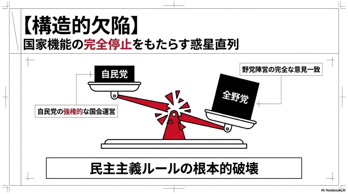 自民党の強権的な国会運営と全野党の意見一致により、天秤が壊れ民主主義ルールが崩壊する様子を示す図解。