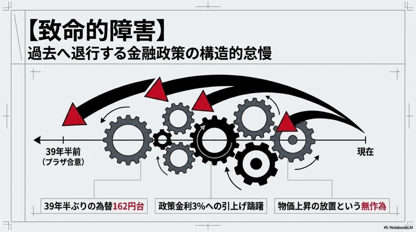 過去へ退行する金融政策の構造的怠慢をテーマに、39年半前のプラザ合意から現在の円安や金利政策の停滞を歯車で表現した図解。