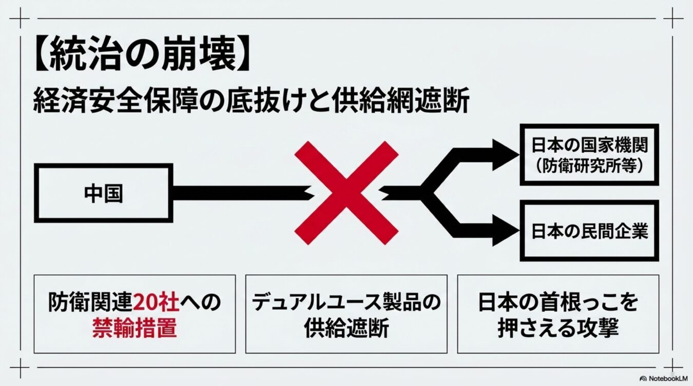 中国による防衛関連企業やデュアルユース製品への供給遮断と、それが日本にもたらす経済安全保障上の脅威を示す図解。