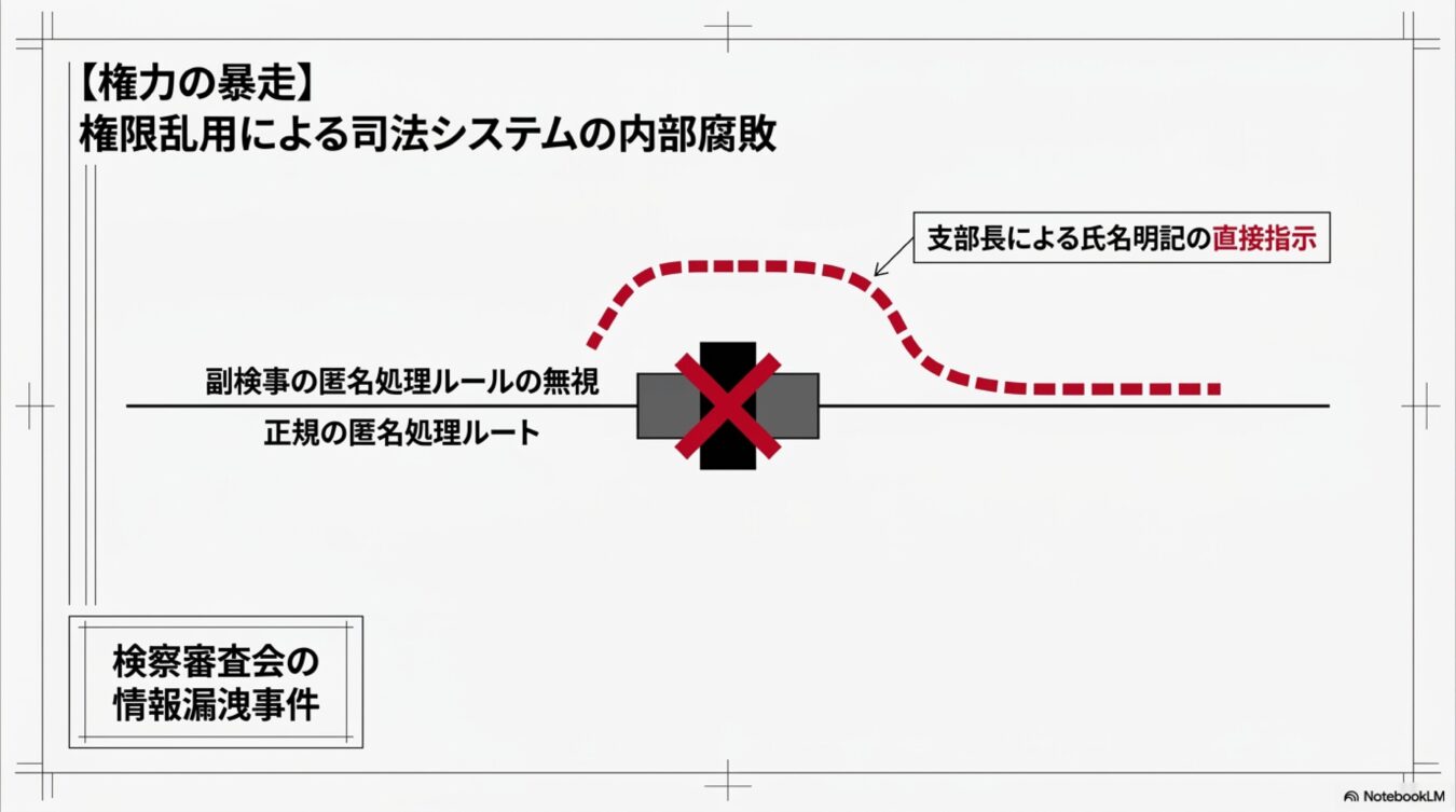 検察審査会の情報漏洩事件における、支部長の指示による正規の匿名処理ルートの逸脱と権限乱用を示す図解。