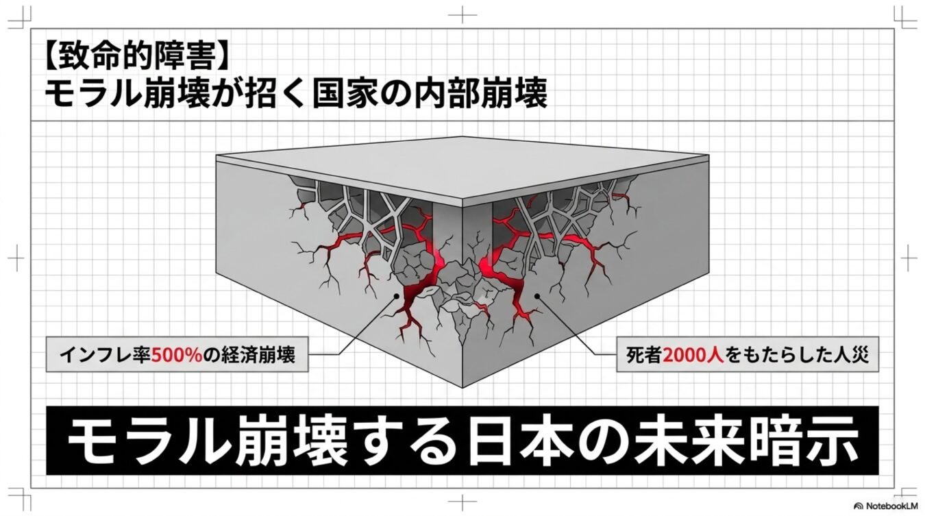 モラル崩壊により経済崩壊や人災が引き起こされ、国家が内部から崩壊していく様子を表現した図解。