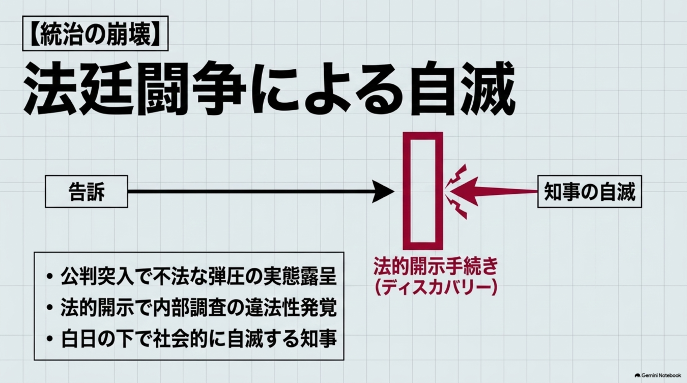 法廷闘争による知事の自滅を解説する図。告訴からディスカバリーを経て、内部調査の違法性が露呈し社会的に自滅する過程を示している。