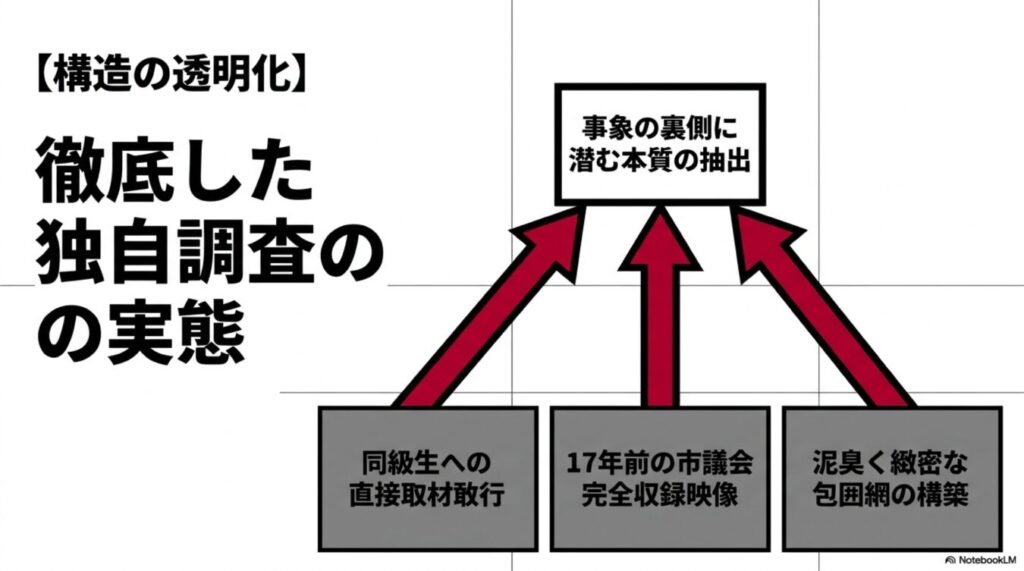 徹底した独自調査の手法として、直接取材や過去の映像分析、包囲網の構築を通じて事象の本質を抽出するプロセスを示す図解。