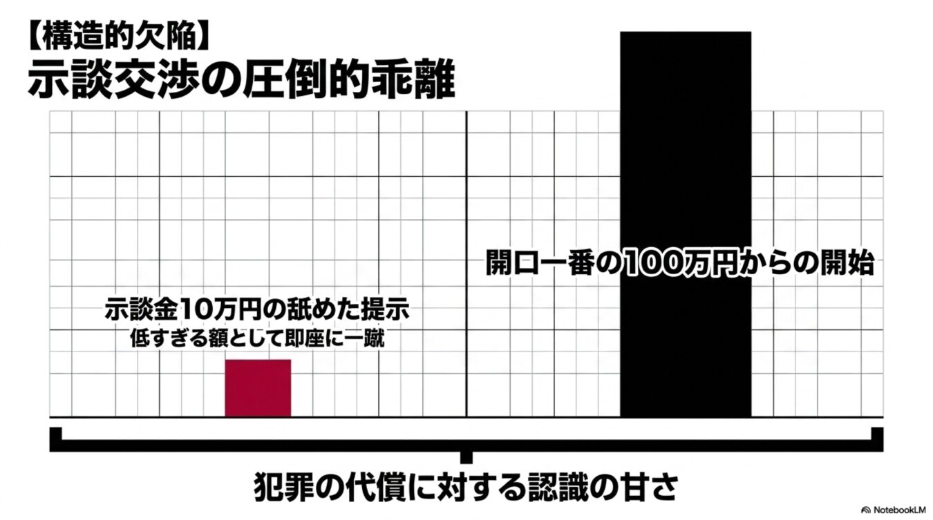 示談交渉における金額認識の乖離を示す棒グラフ。10万円の提示が低すぎると一蹴され、100万円から交渉が始まる構造的欠陥を表現。