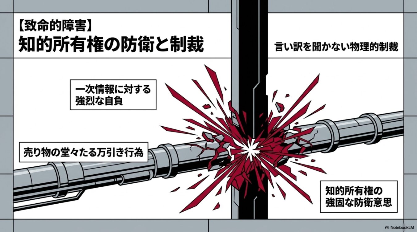 知的財産権の防衛と制裁をテーマに、強固な防衛意思が万引き行為を物理的に打ち砕く様子を描いた図解。