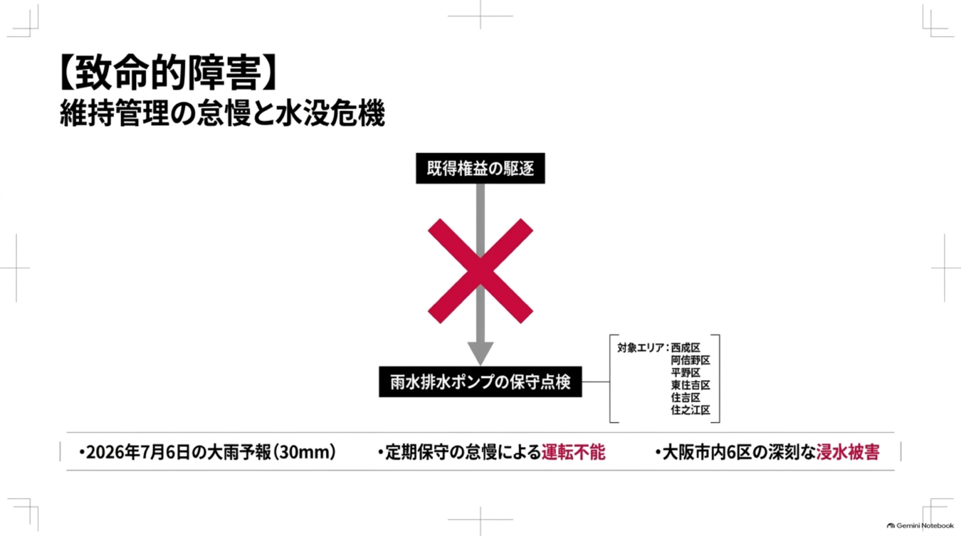 大阪市6区における雨水排水ポンプの保守点検不足による浸水被害の危険性と、既得権益の排除を訴える図解。