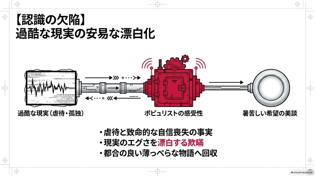 過酷な現実がポピュリストの感性を経て、薄っぺらな希望の美談へと変換される仕組みを図解した概念図。