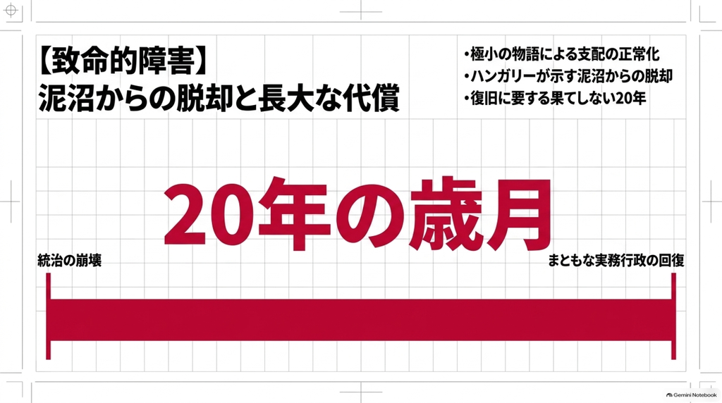 統治の崩壊から実務行政の回復まで20年を要するという課題と、極小の物語による支配やハンガリーの事例を解説する図解。