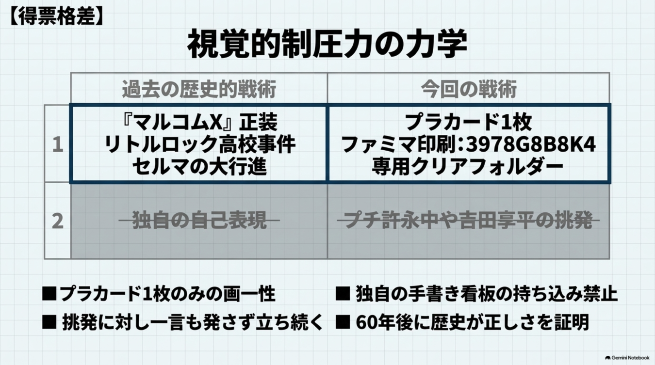 視覚的制圧力をテーマに、歴史的戦術と今回の戦術を比較し、プラカードによる抗議手法の画一性と沈黙の重要性をまとめた対照表。