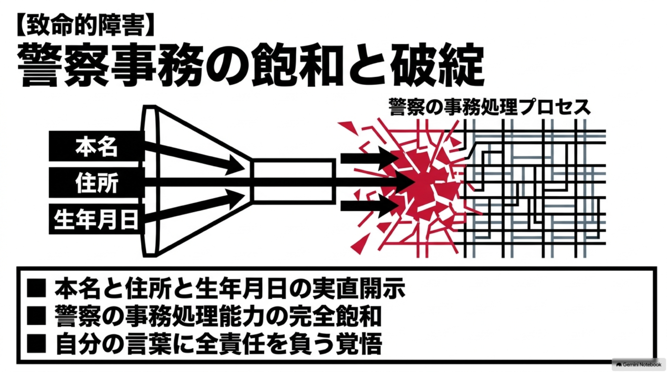 警察事務の飽和と破綻をテーマに、個人情報が警察の処理プロセスを圧迫し機能不全に陥る様子を表現した図解。
