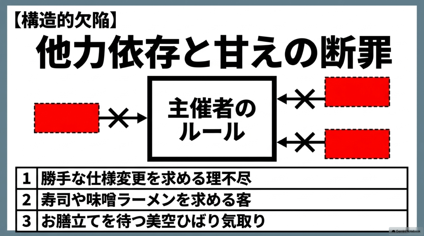他力依存や甘えを断罪する図解。主催者のルールに対し、勝手な要求や受動的な姿勢をとる客を否定する内容。