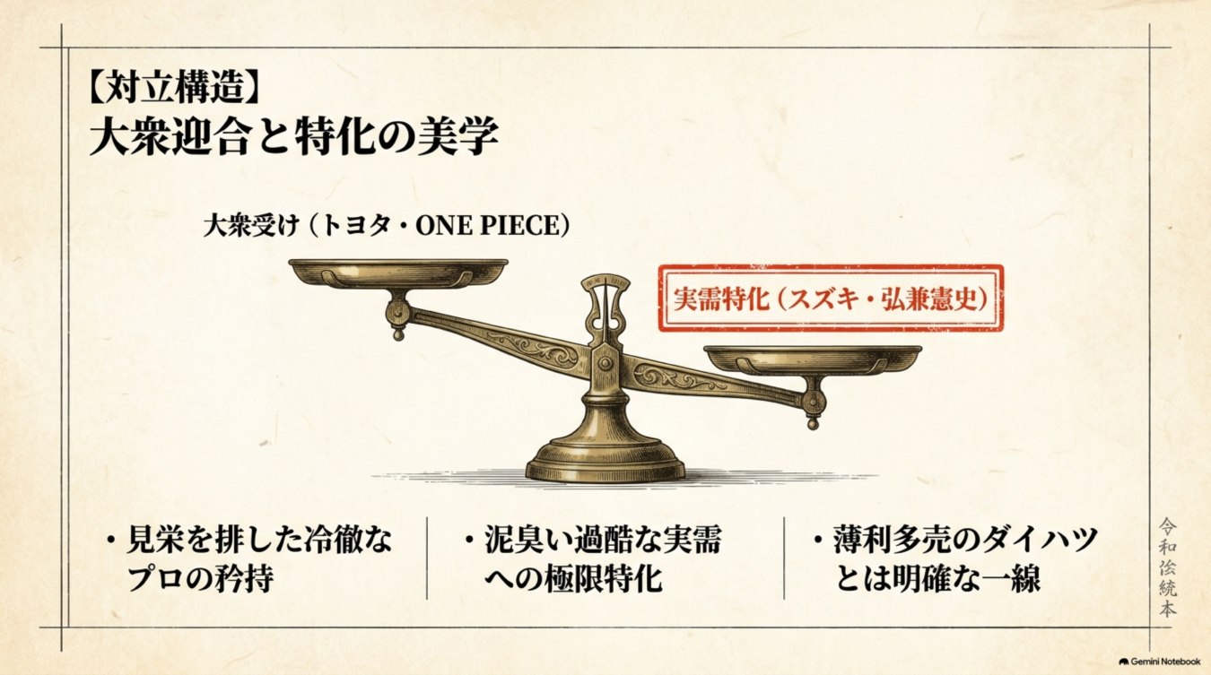 大衆受けするトヨタやONE PIECEと、実需に特化したスズキや弘兼憲史を対比させた概念図。